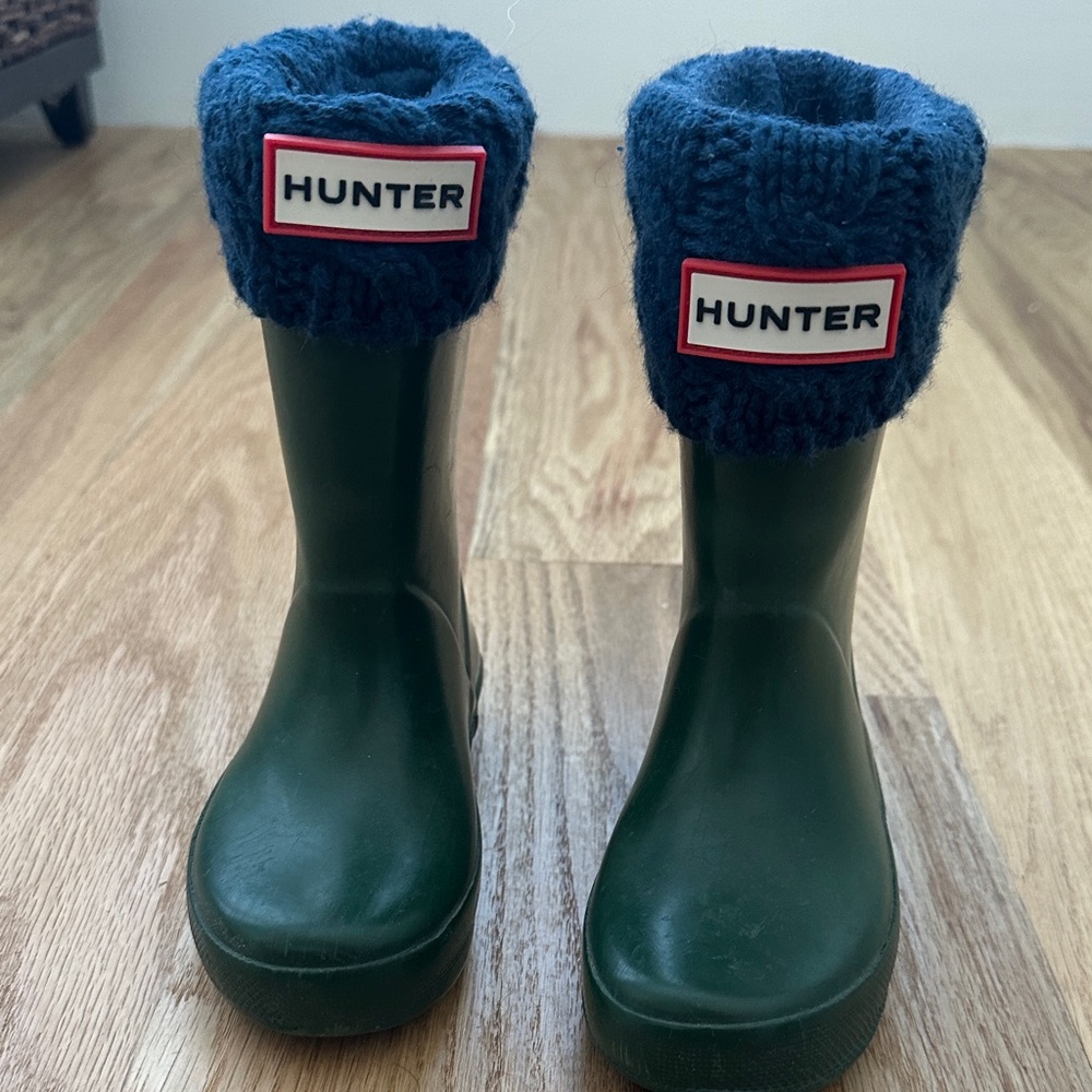 Hunter Kids Forest Green Boots with Navy Cuffs